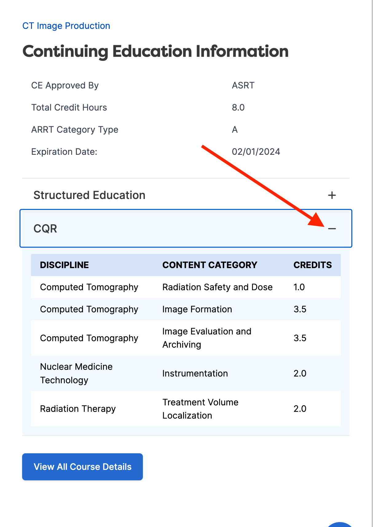 CE credits button on Course Card