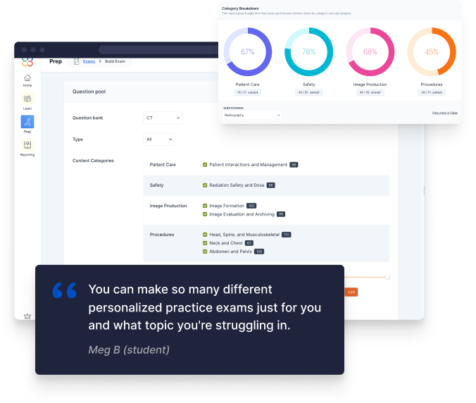 Clover Learning's Prep application showcasing category breakdown analytics and a question bank interface, alongside a student testimonial about personalized practice exams.